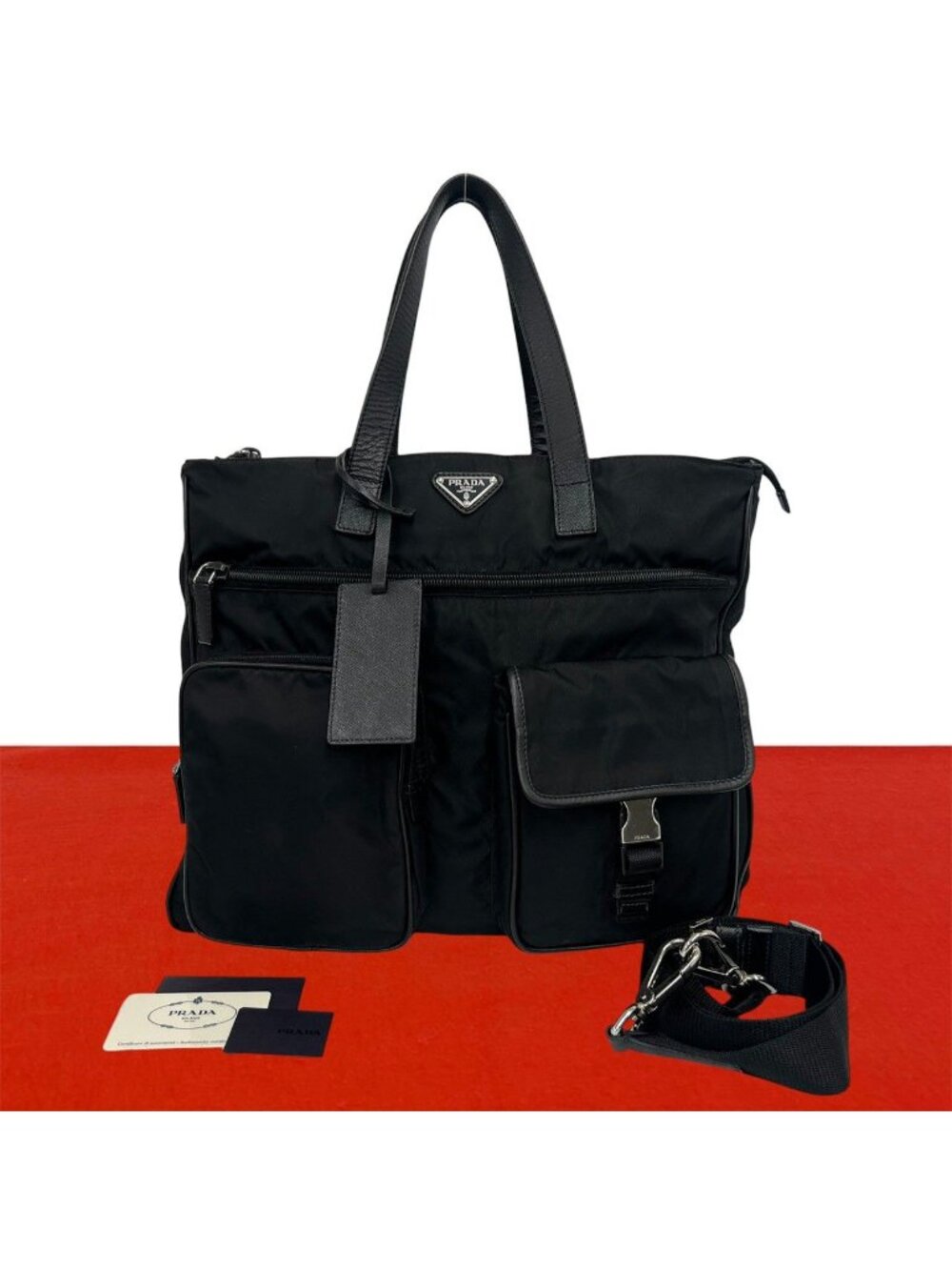 Prada Triangle Logo Nylon Leather 2-Way Shoulder Bag Business Black